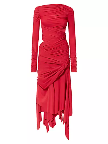 Ruched Asymmetrical Jersey Midi Dress