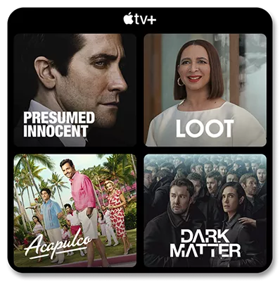 TV shows and movies on Apple TV Plus, featuring Dark Matter, Loot, Acapulco, and Presumed Innocent.